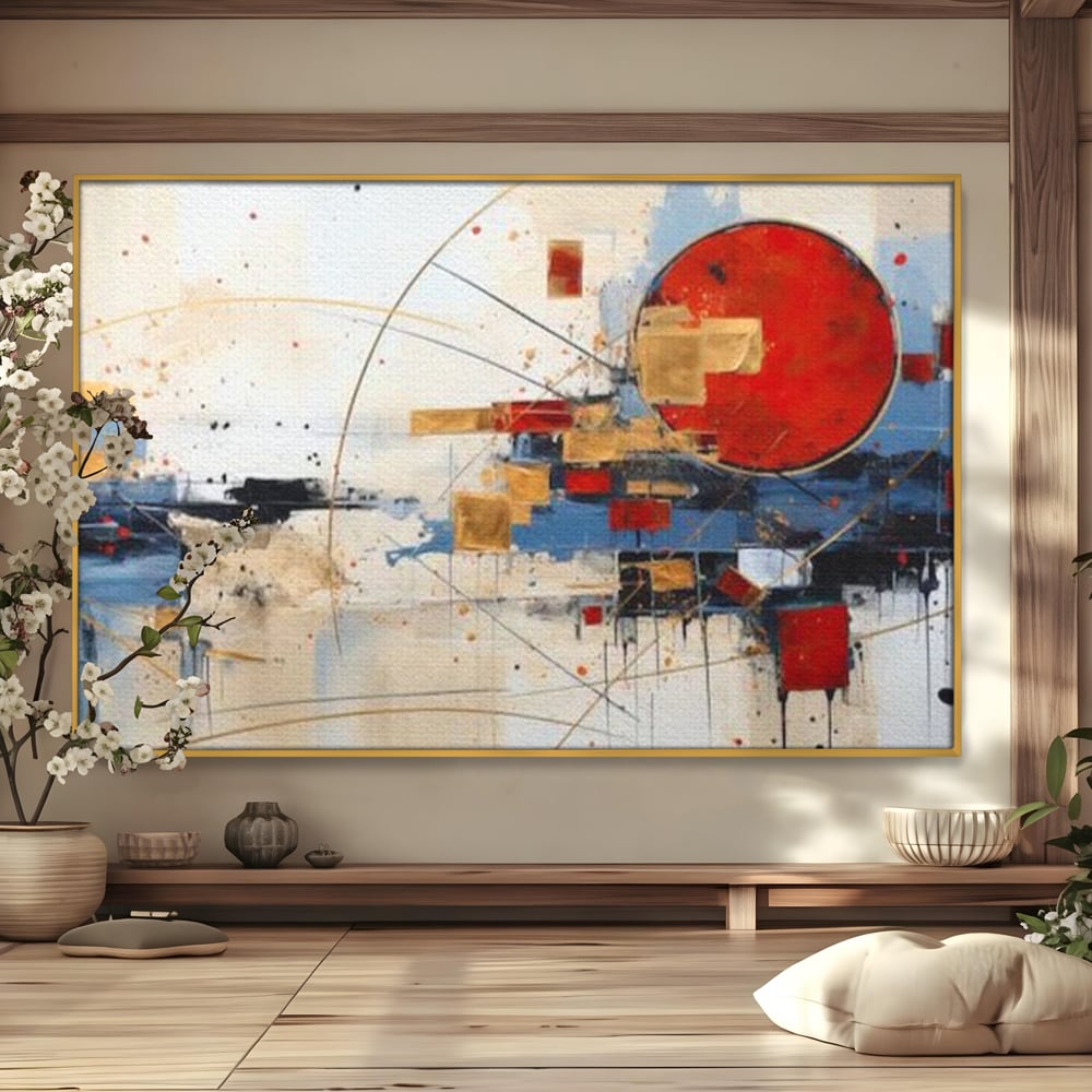 Tablou canvas cu tablou abstract cu cerc rosu si linii, in rama de aluminiu auriu